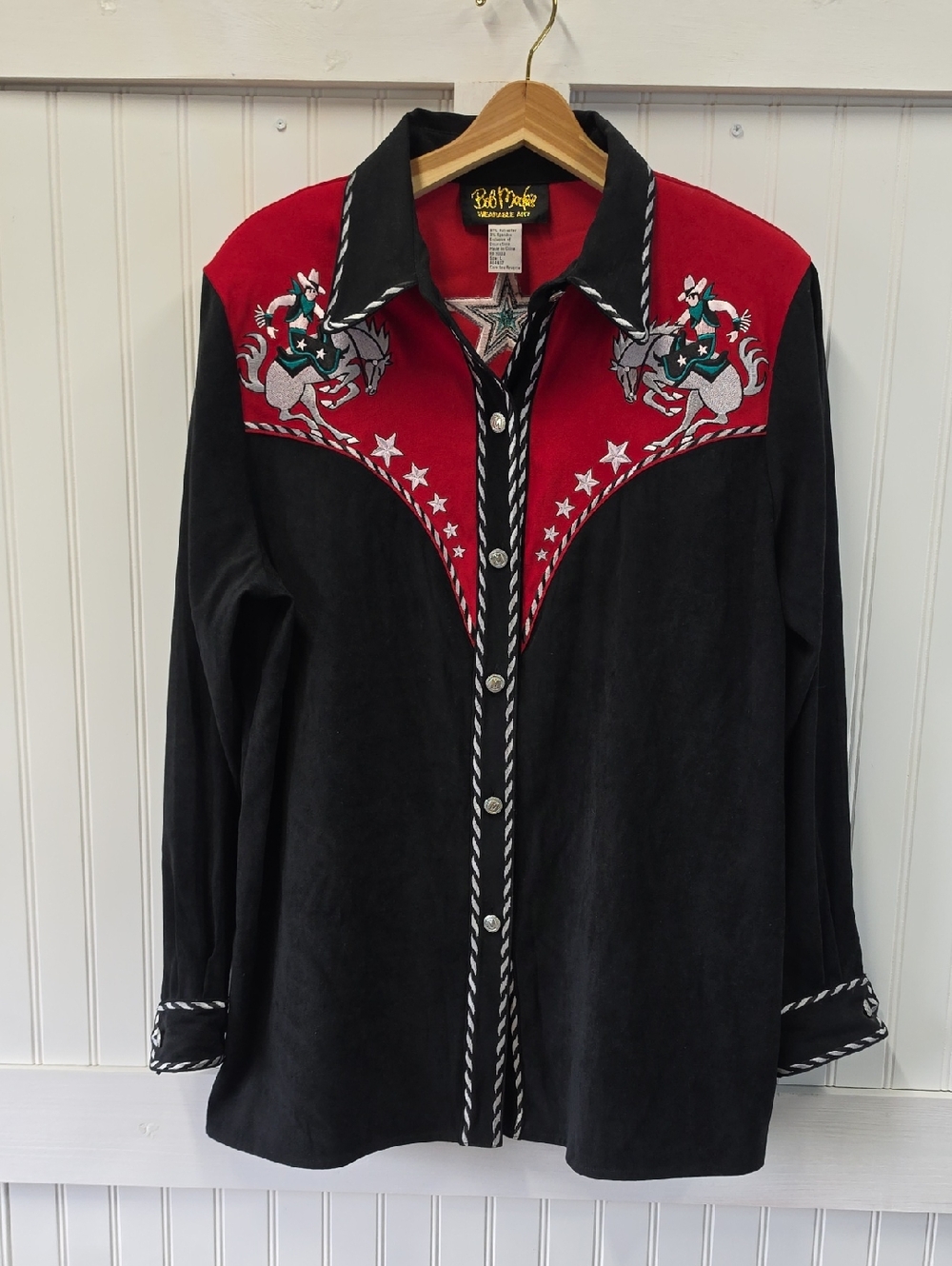 Bob Mackie Wearable Art Black Red Western Bucking Horse Embroidered Shirt Size L
